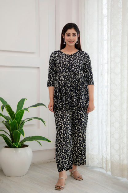Veshviti Floral Printed Black Rayon Flared Co-ord Set
