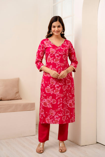 Pink Rayon Printed V neck Women Straight Kurta