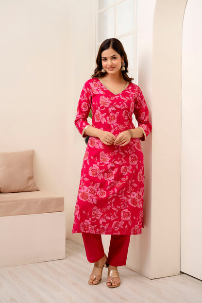 Pink Rayon Printed V neck Women Straight Kurta