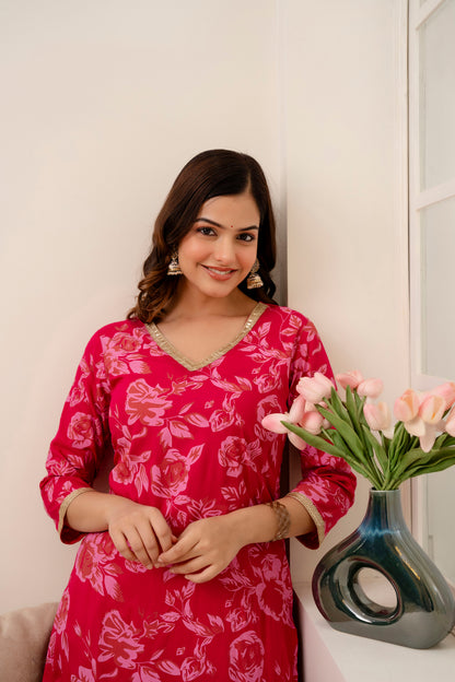 Pink Floral Printed V-Neck Lace Work Straight Kurta with Pant