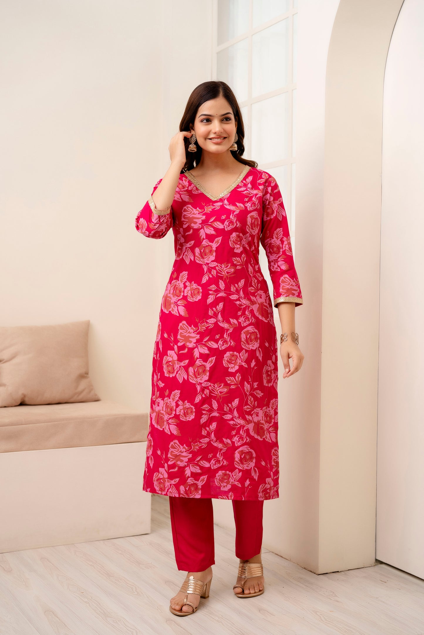 Pink Rayon Printed V neck Women Straight Kurta