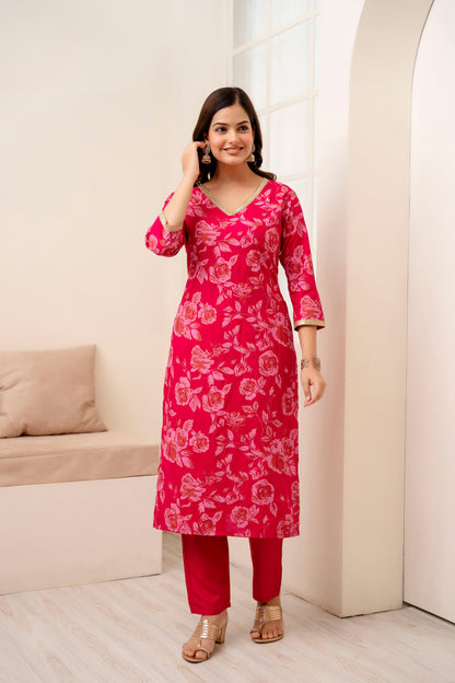 Pink Rayon Printed V neck Women Straight Kurta