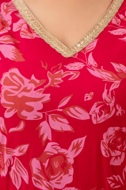 Pink Rayon Printed V neck Women Straight Kurta