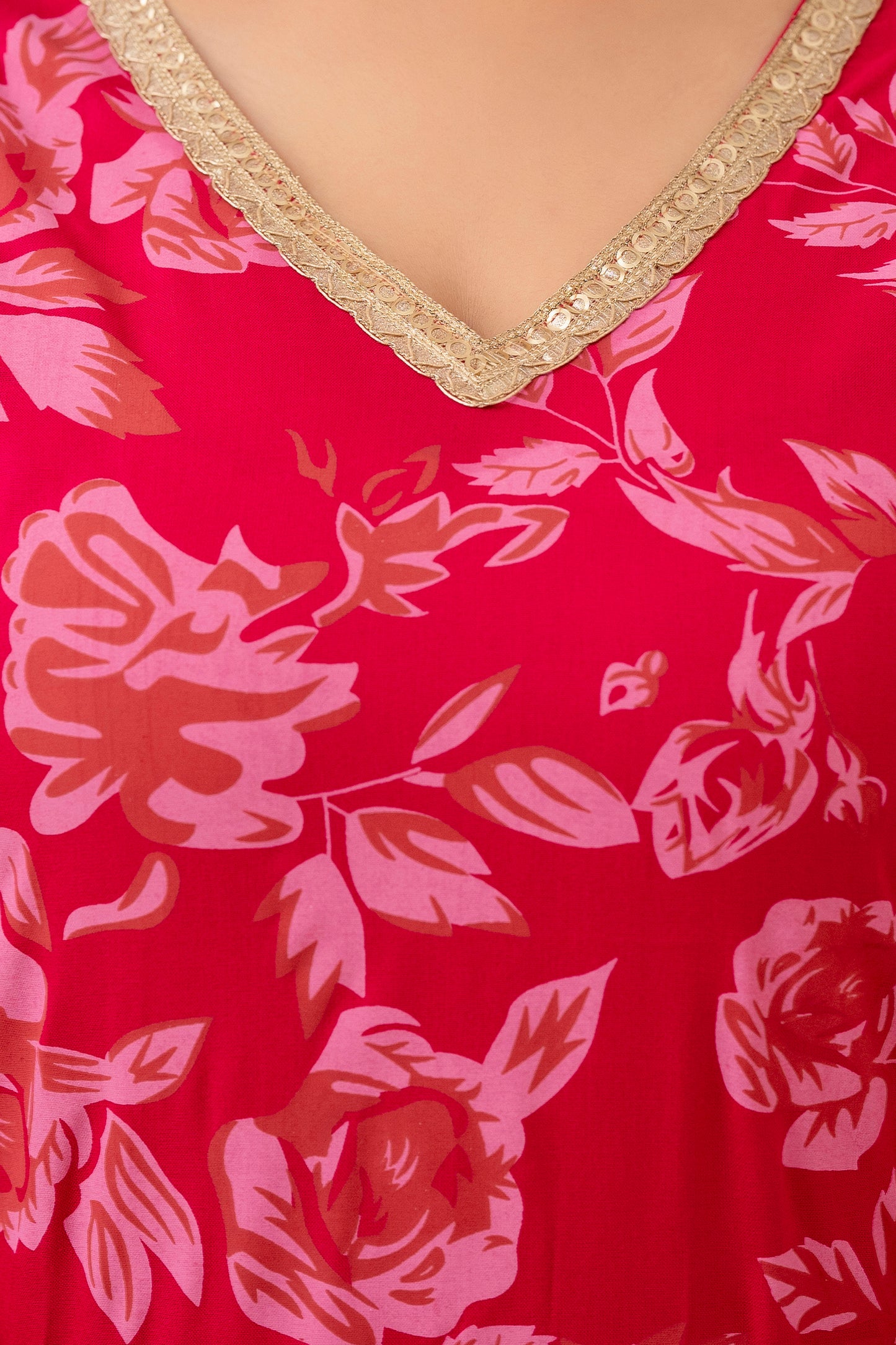 Pink Floral Printed V-Neck Lace Work Straight Kurta with Pant