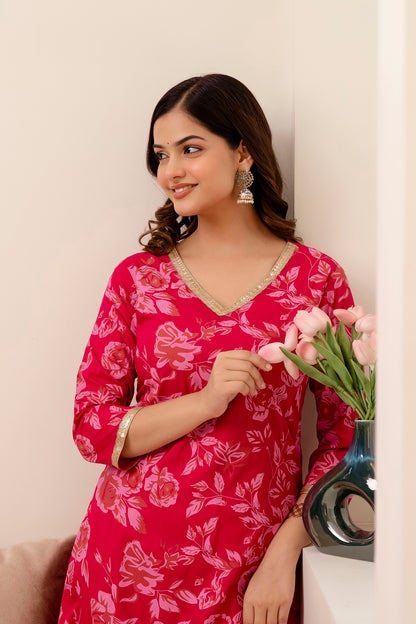 Pink Floral Printed V-Neck Lace Work Straight Kurta with Pant