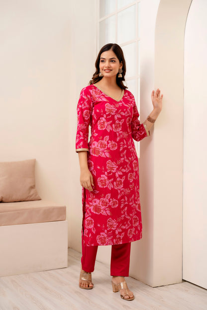 Pink Floral Printed V-Neck Lace Work Straight Kurta with Pant