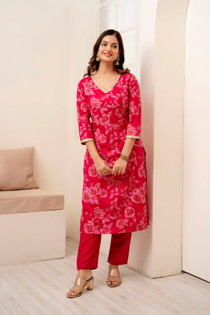Pink Rayon Printed V neck Women Straight Kurta