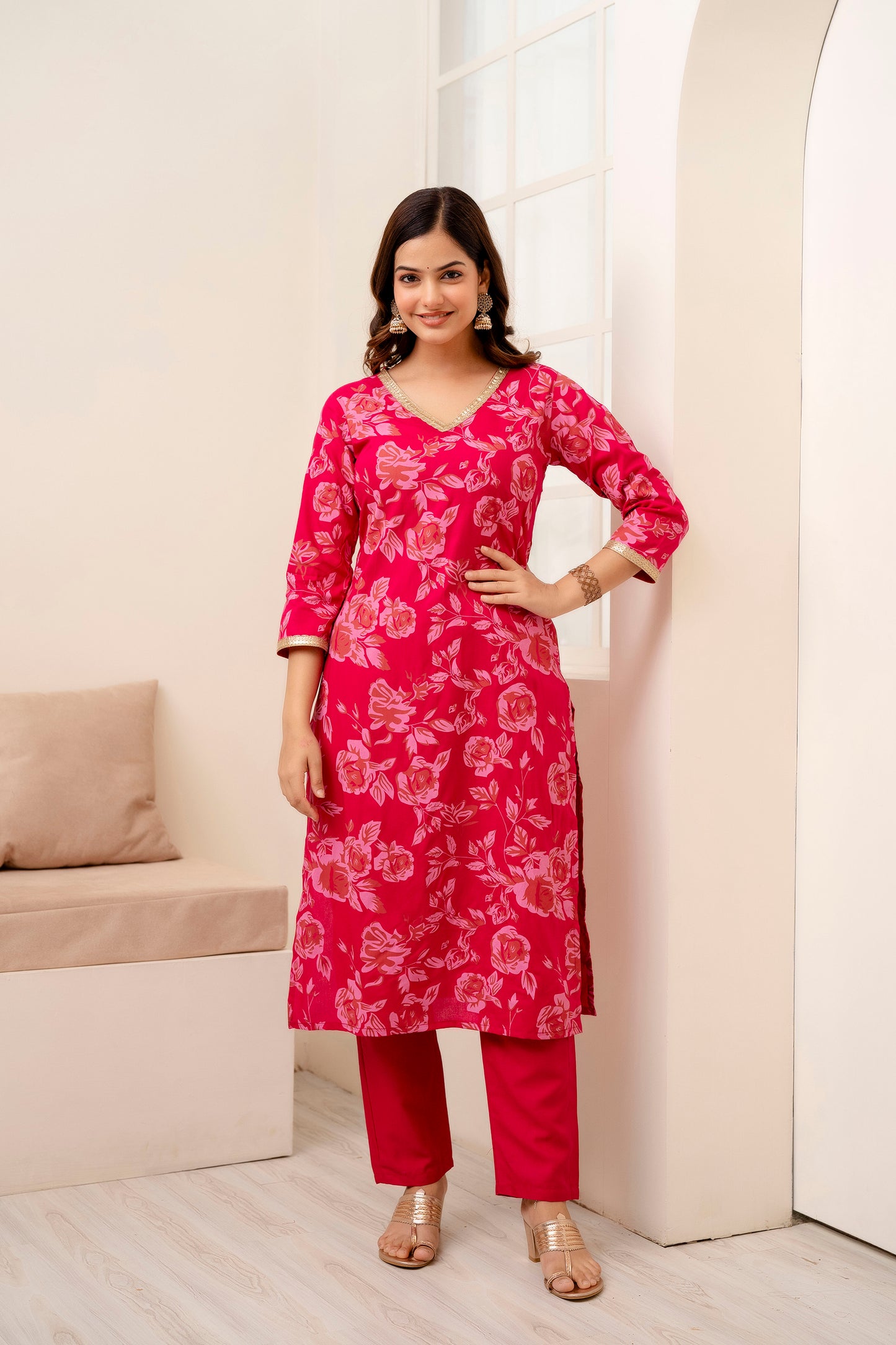 Pink Rayon Printed V neck Women Straight Kurta