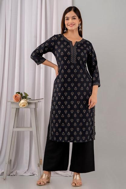 Black Rayon Printed Women Round Neck Straight Kurta Set