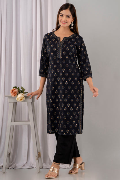 Black Rayon Printed Women Round Neck Straight Kurta Set