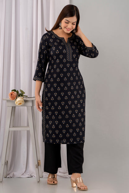 Black Rayon Printed Women Round Neck Straight Kurta Set