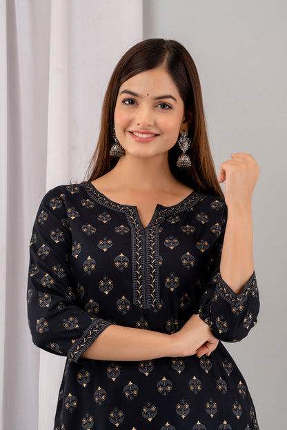 Black Rayon Printed Women Round Neck Straight Kurta Set
