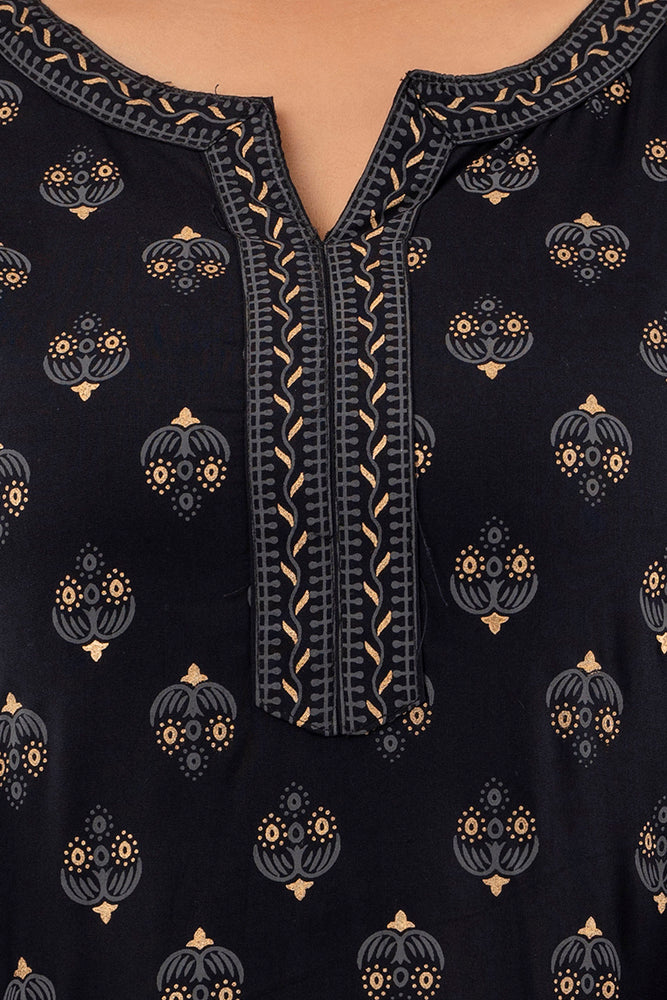Black Rayon Printed Women Round Neck Straight Kurta Set