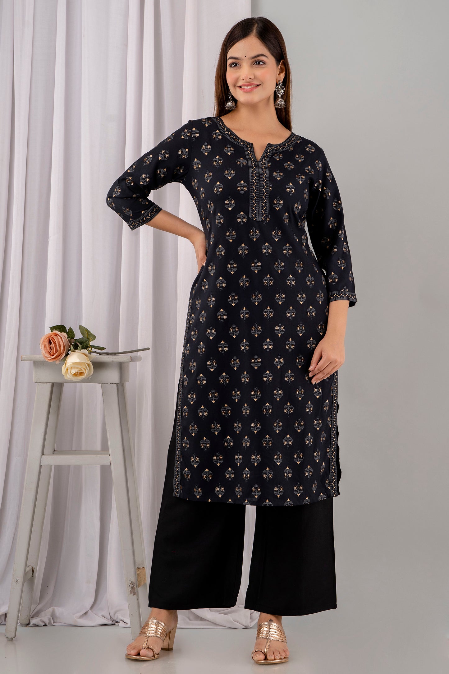 Black Rayon Printed Women Round Neck Straight Kurta Set