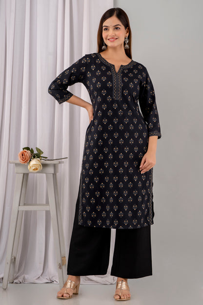 Black Rayon Printed Women Round Neck Straight Kurta Set