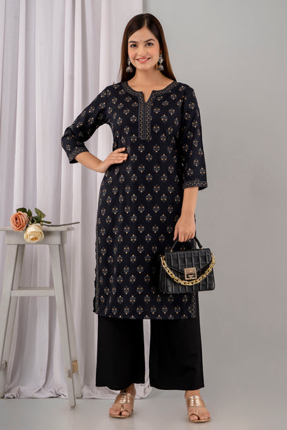 Black Rayon Printed Women Round Neck Straight Kurta Set