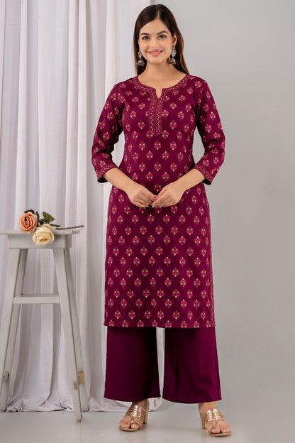 Wine Rayon Printed Women Round Neck Straight Kurta Set