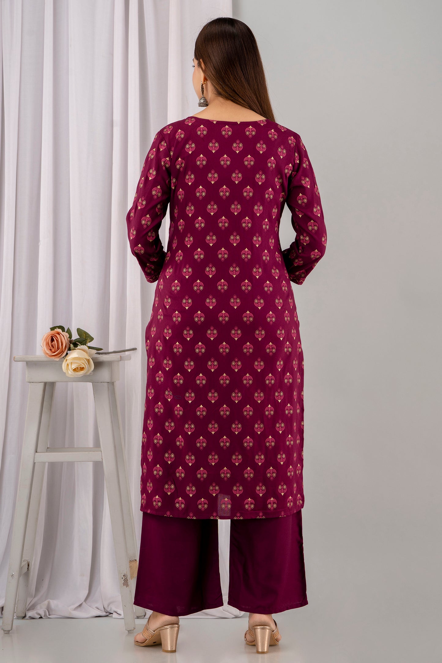 Wine Rayon Printed Women Round Neck Straight Kurta Set