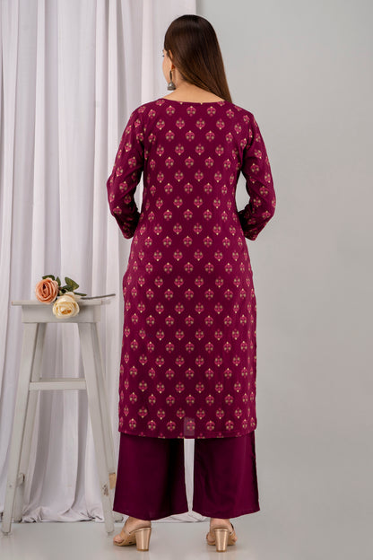 Wine Rayon Printed Women Round Neck Straight Kurta Set
