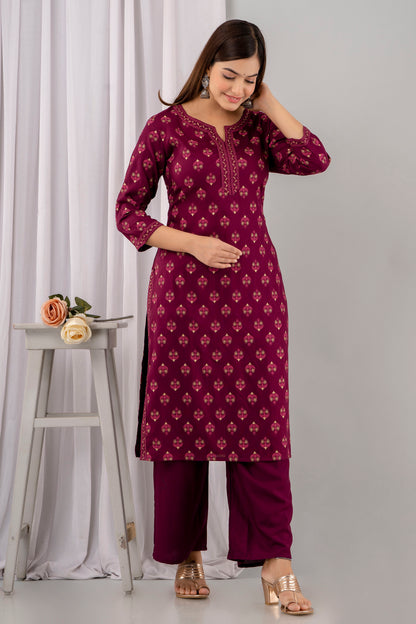 Wine Rayon Printed Women Round Neck Straight Kurta Set