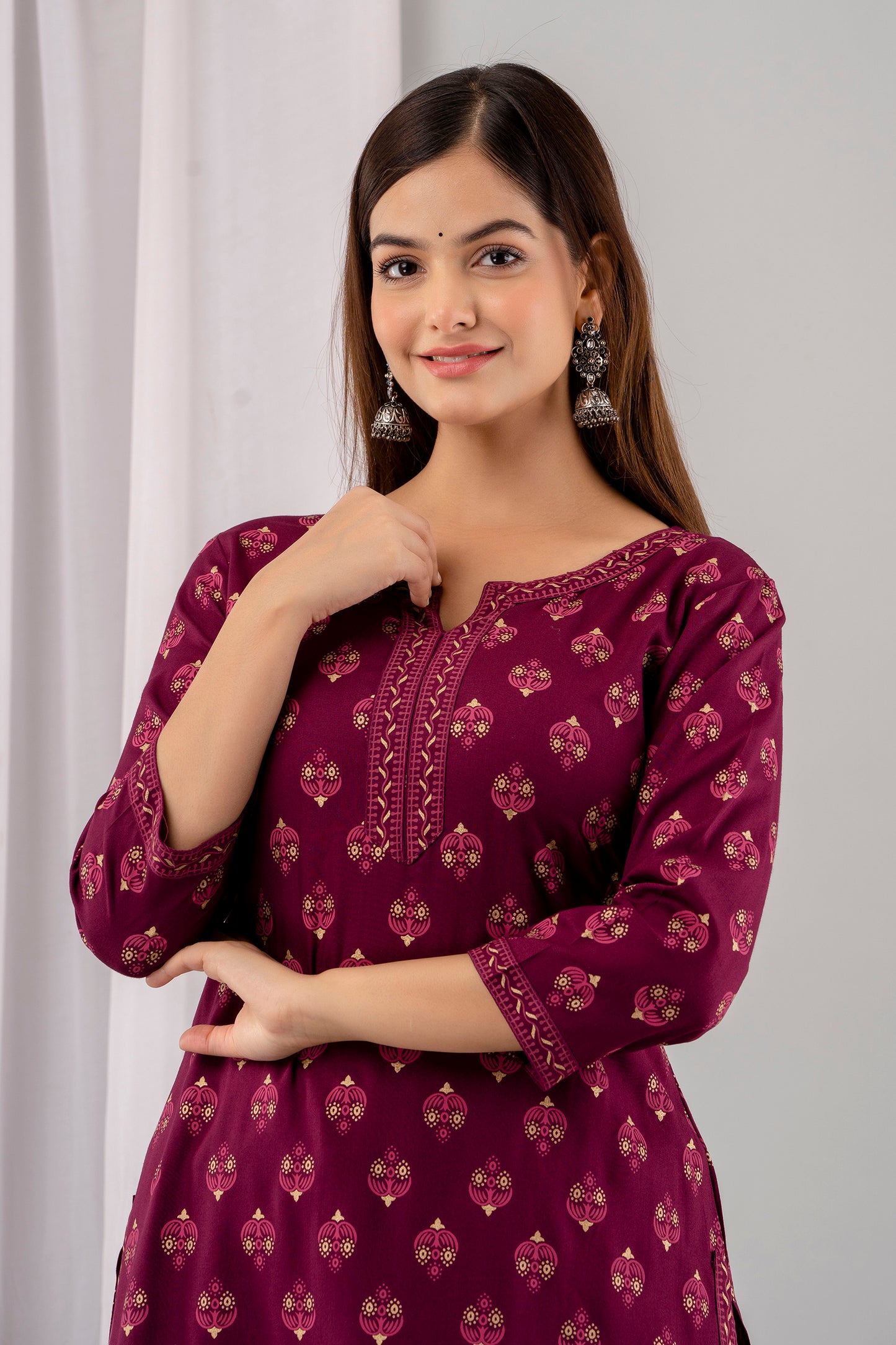 Wine Rayon Printed Women Round Neck Straight Kurta Set