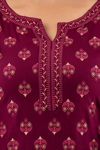 Wine Rayon Printed Women Round Neck Straight Kurta Set