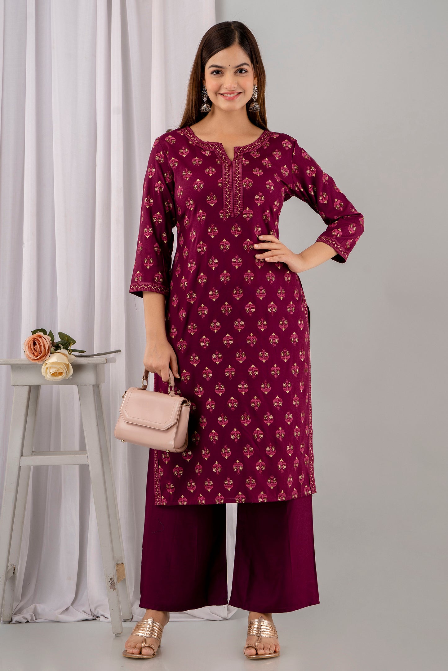 Wine Rayon Printed Women Round Neck Straight Kurta Set