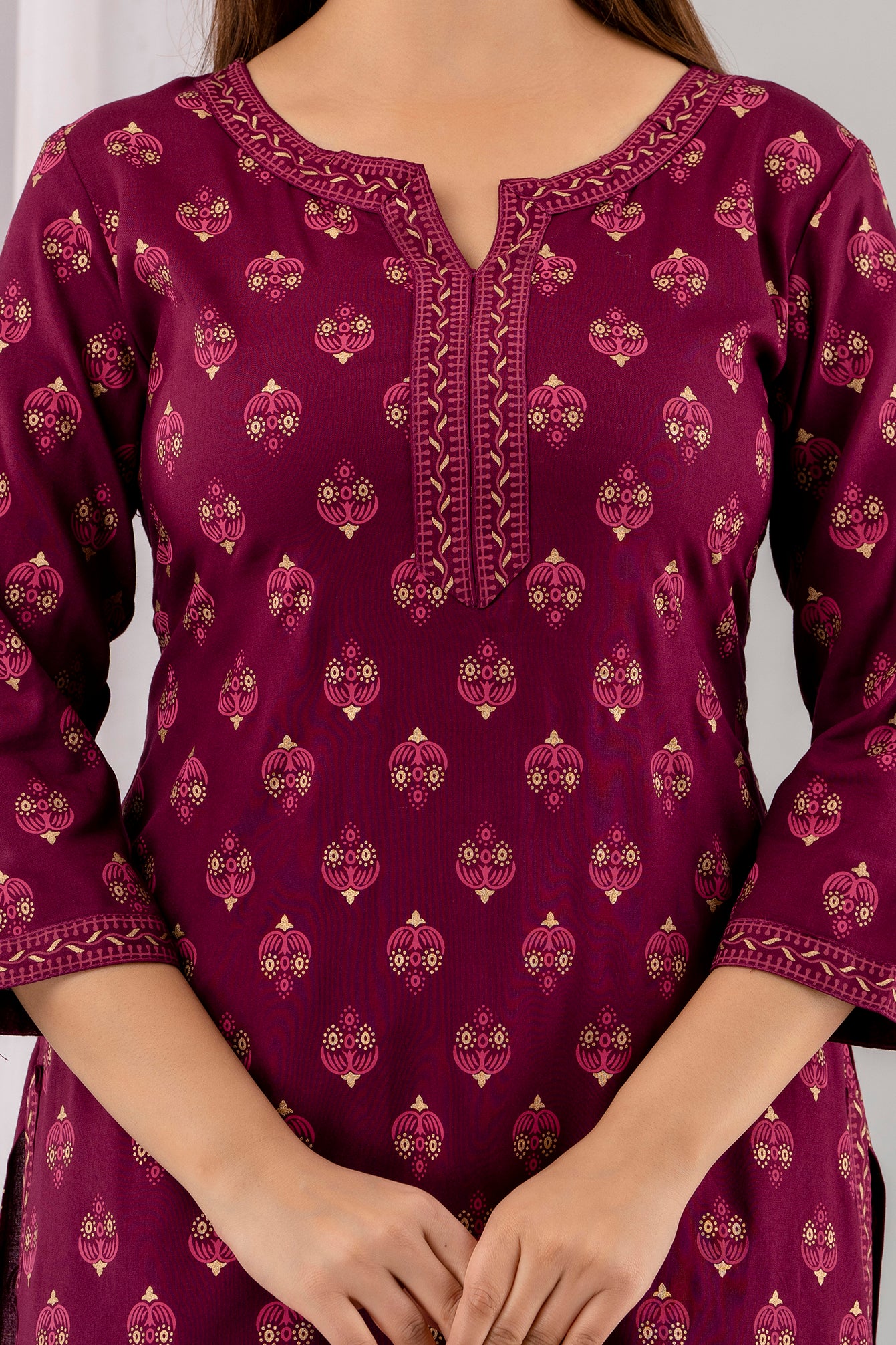 Wine Rayon Printed Women Round Neck Straight Kurta Set