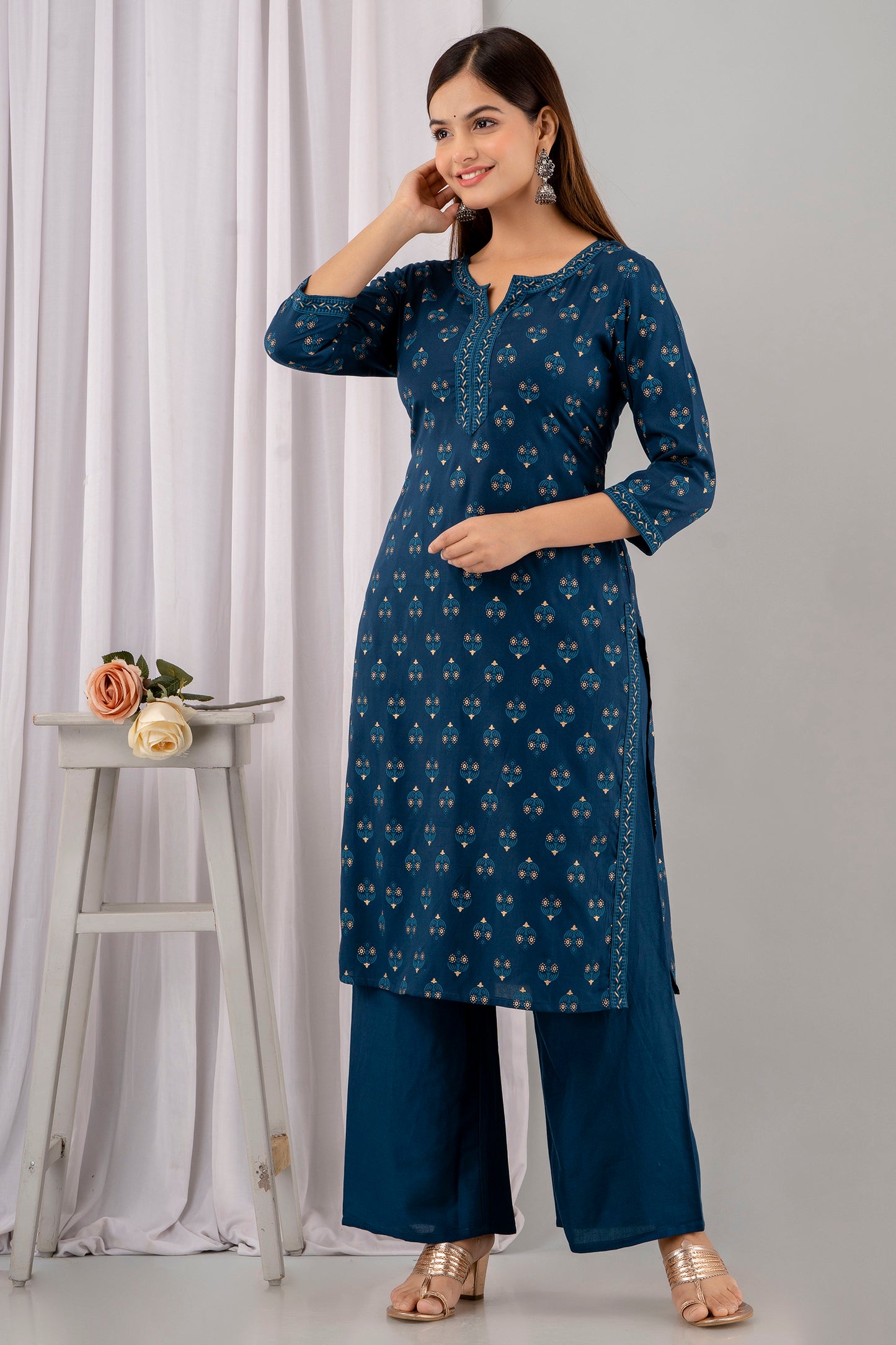 Teal Rayon Printed Women Round Neck Straight Kurta Set