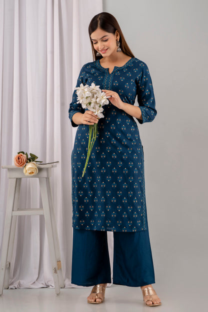 Teal Rayon Printed Women Round Neck Straight Kurta Set