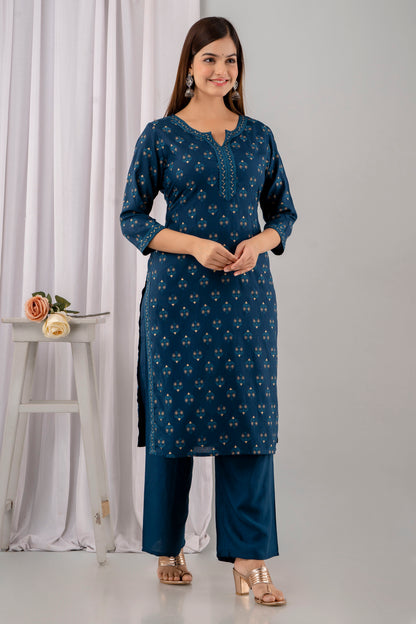 Teal Rayon Printed Women Round Neck Straight Kurta Set
