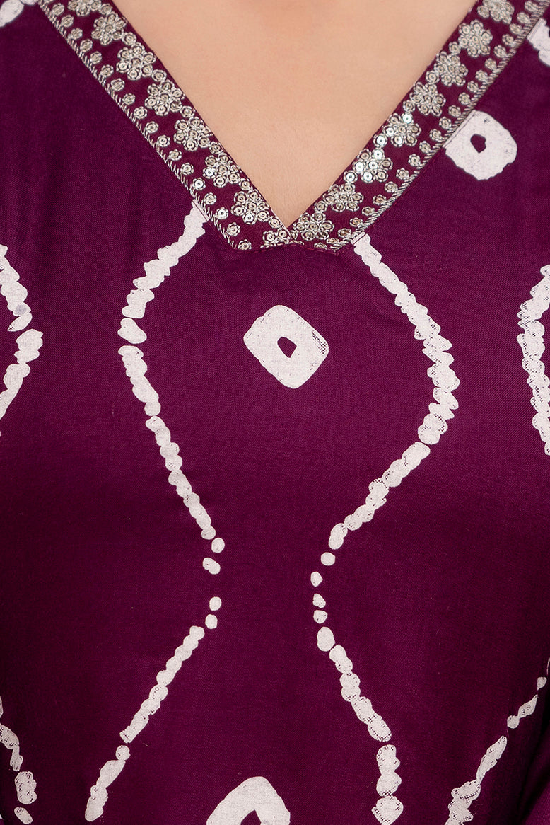 Wine Lehriya Printed Women Embroidered V neck Staright Kurta Set