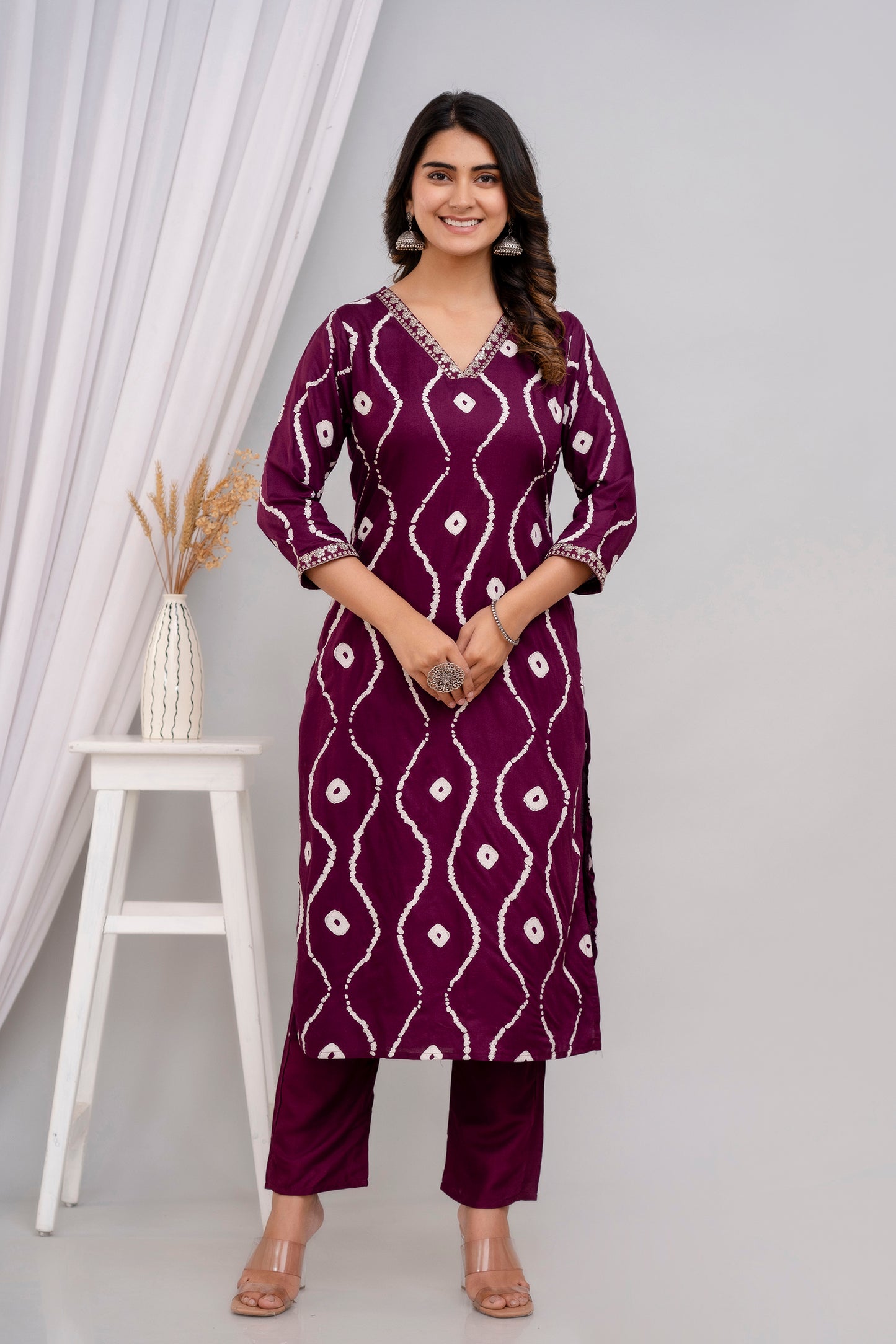 Wine Lehriya Printed Women Embroidered V neck Staright Kurta Set