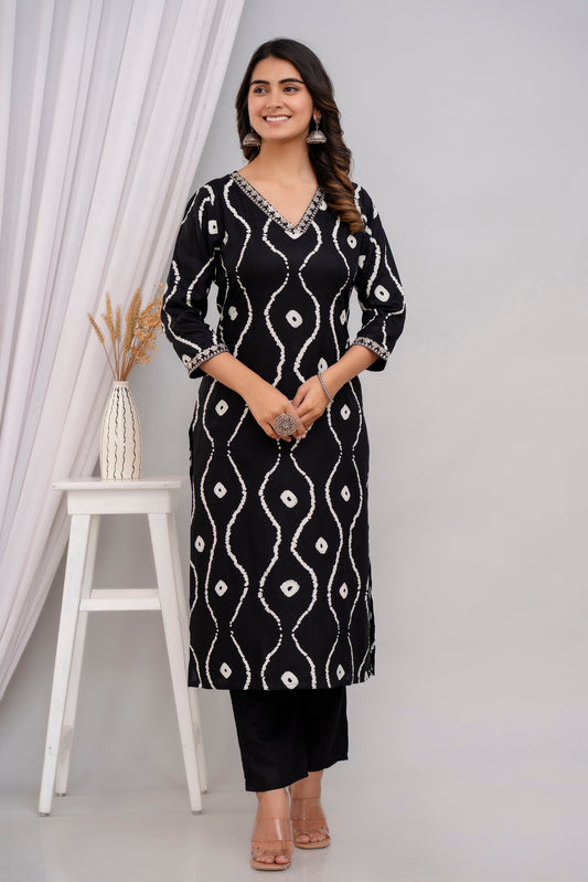 Black Lehriya Printed Women Embroidered V neck Staright Kurta Set