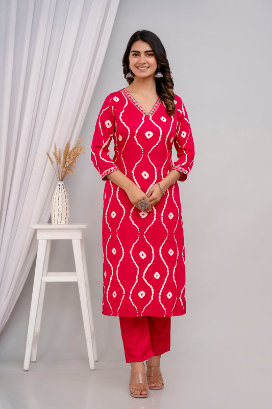 Pink Lehriya Printed Women Embroidered V neck Staright Kurta Set