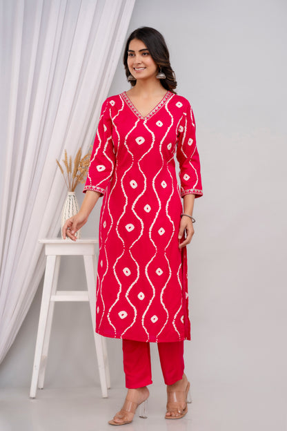 Pink Lehriya Printed Women Embroidered V neck Staright Kurta Set