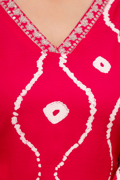 Pink Lehriya Printed Women Embroidered V neck Staright Kurta Set