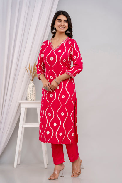 Pink Lehriya Printed Women Embroidered V neck Staright Kurta Set