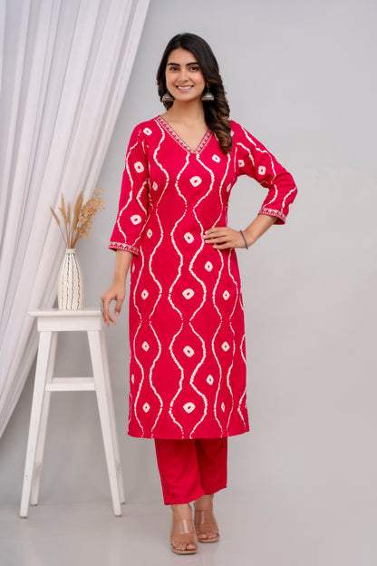 Pink Lehriya Printed Women Embroidered V neck Staright Kurta Set