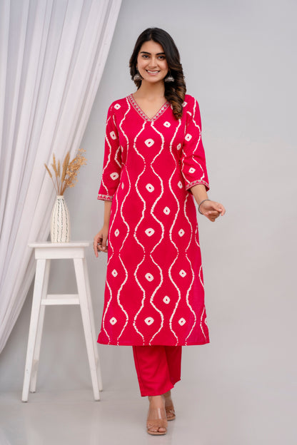 Pink Lehriya Printed Women Embroidered V neck Staright Kurta Set