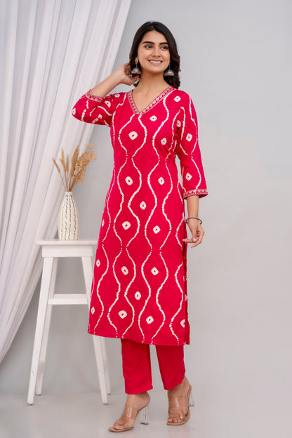 Pink Lehriya Printed Women Embroidered V neck Staright Kurta Set