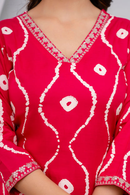 Pink Lehriya Printed Women Embroidered V neck Staright Kurta Set