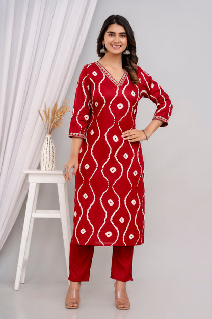 Maroon Lehriya Printed Women Embroidered V neck Staright Kurta Set