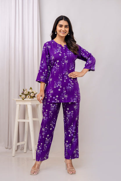 Veshviti Purle Leaf Motif Printed Rayon co-ord set