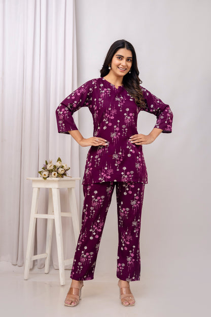 Veshviti Wine Floral Printed Rayon Co-ord Set