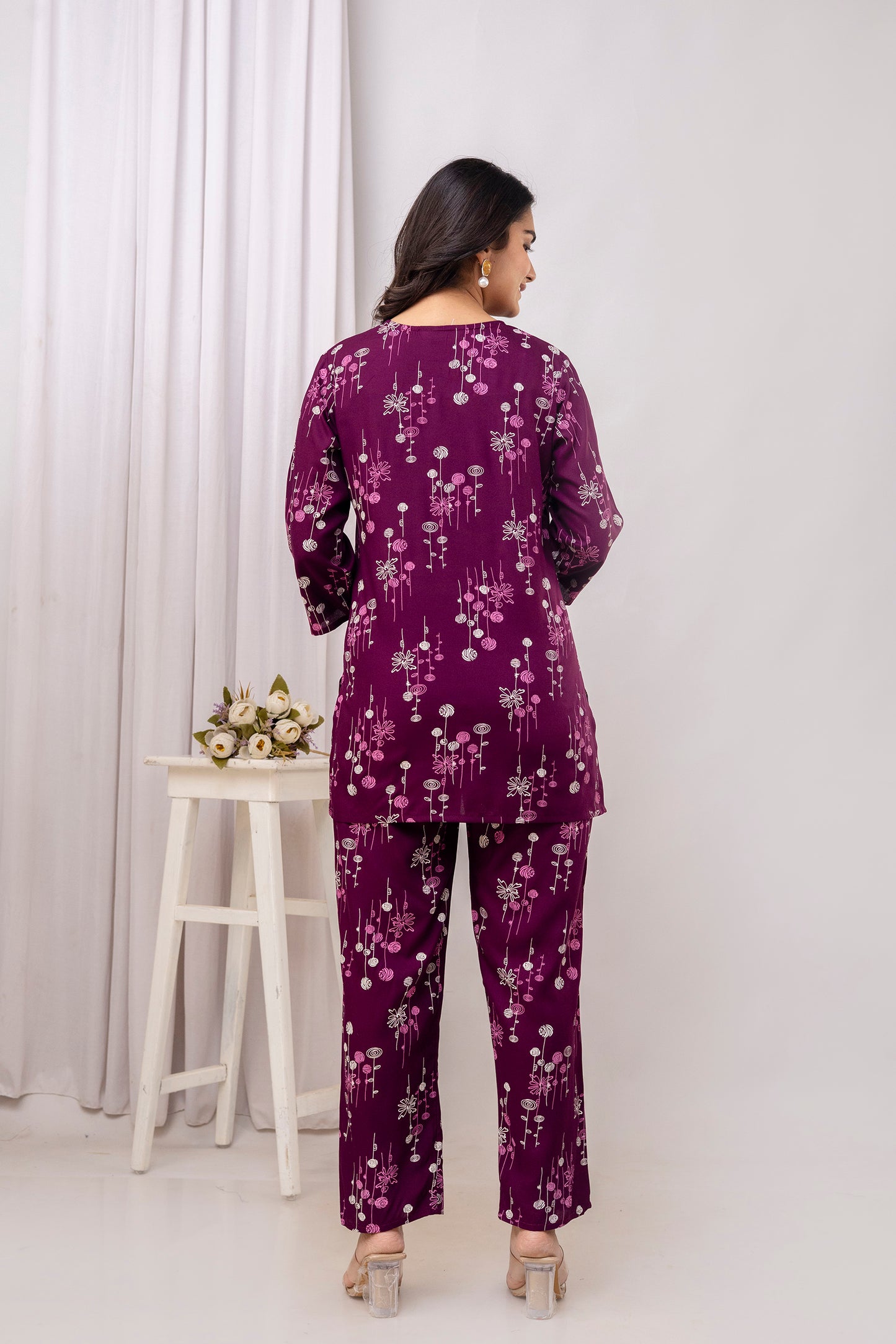 Veshviti Wine Floral Printed Rayon Co-ord Set