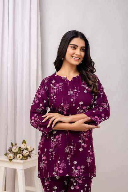 Veshviti Wine Floral Printed Rayon Co-ord Set