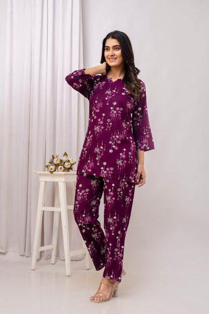 Veshviti Wine Floral Printed Rayon Co-ord Set