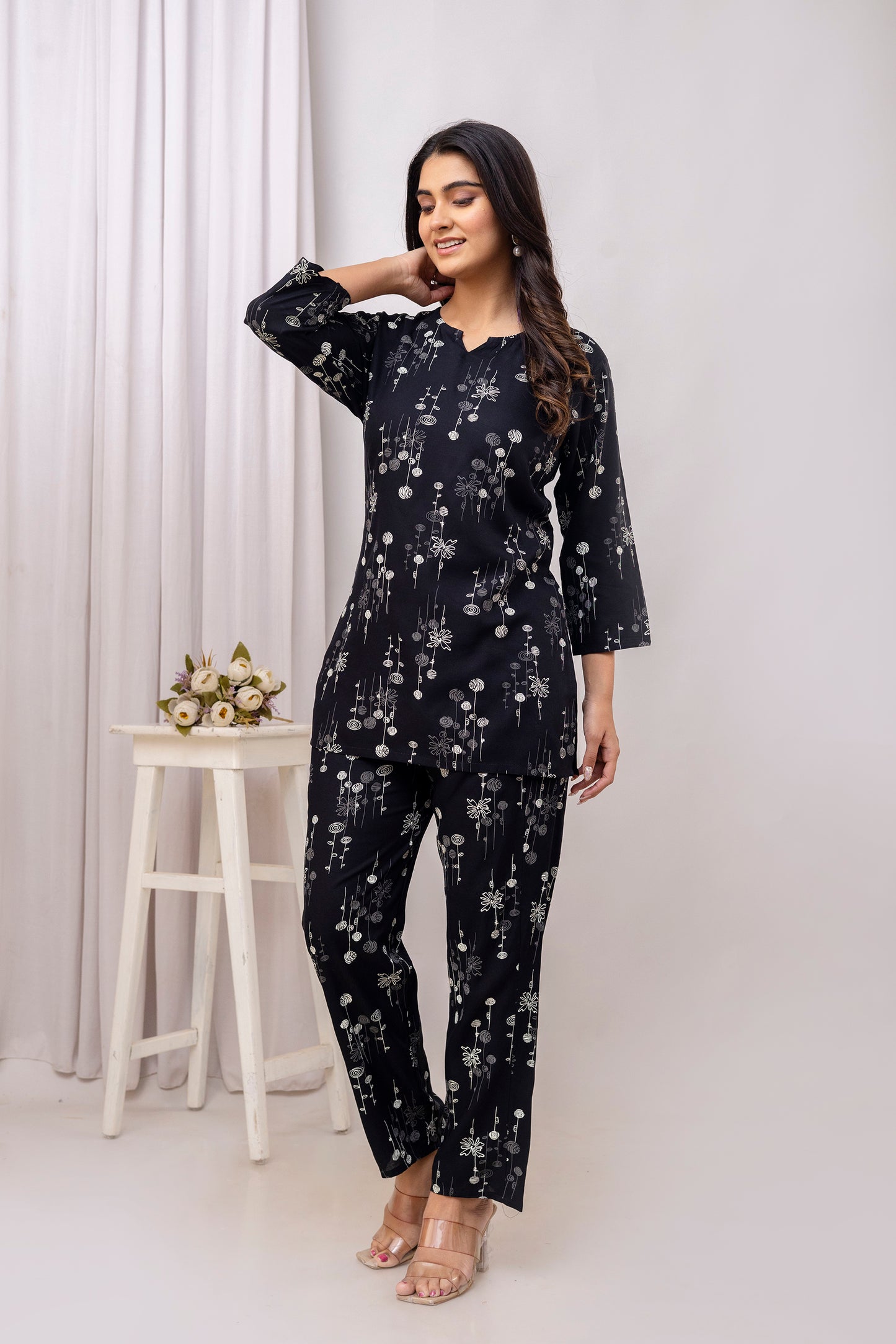 Veshviti Black Rayon Printed Round Neck Pattern Co-ord Set