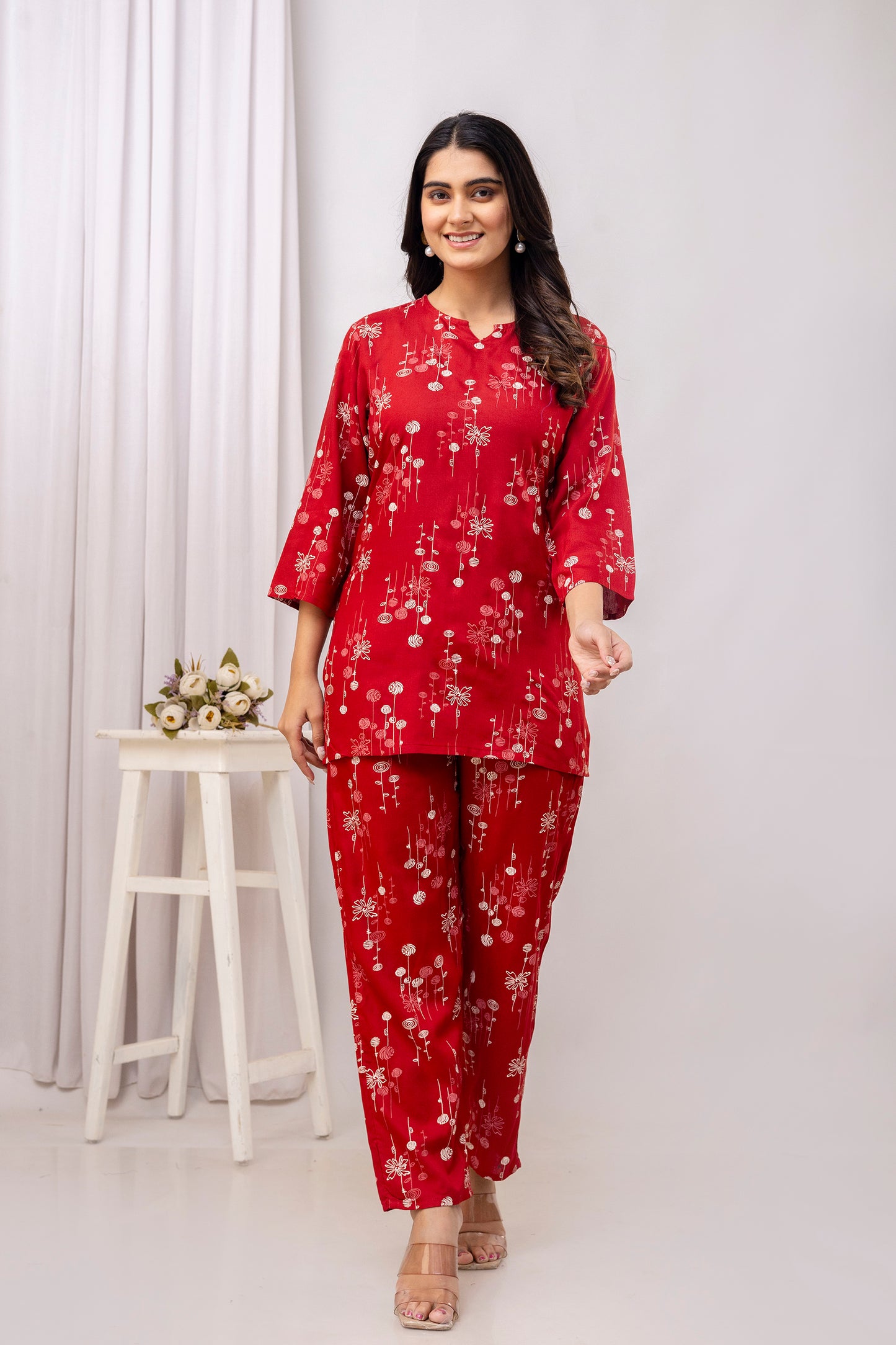 Veshviti Maroon Round Neckline Rayon Printed Co-ord Set